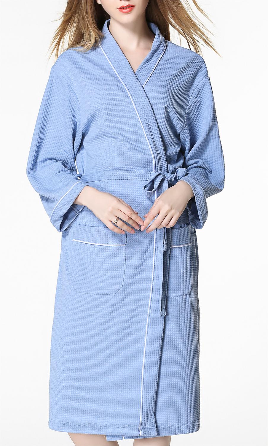 Piped Waffle Knit Wrap Robe - Blue - 5