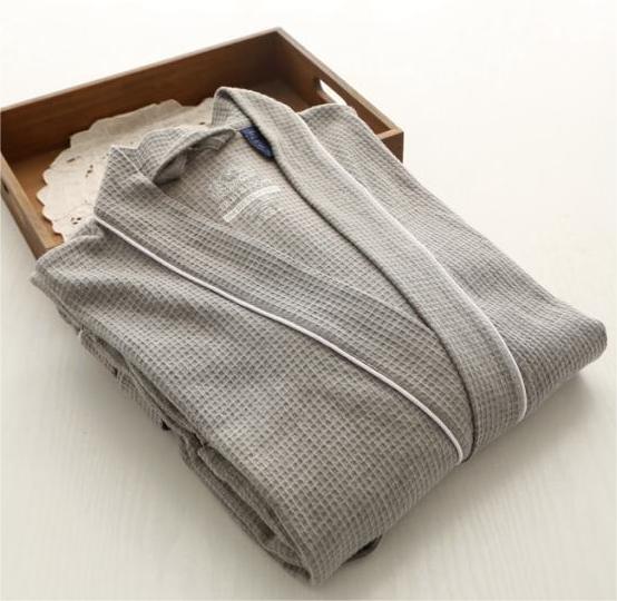 Piped Waffle Knit Wrap Robe - Grey