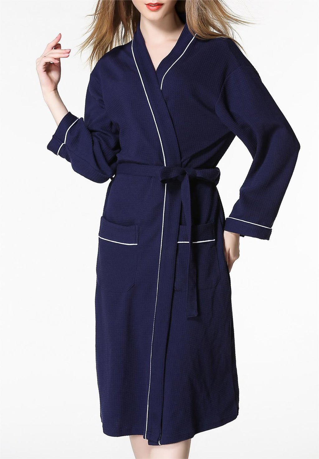 Piped Waffle Knit Wrap Robe - Navyblue