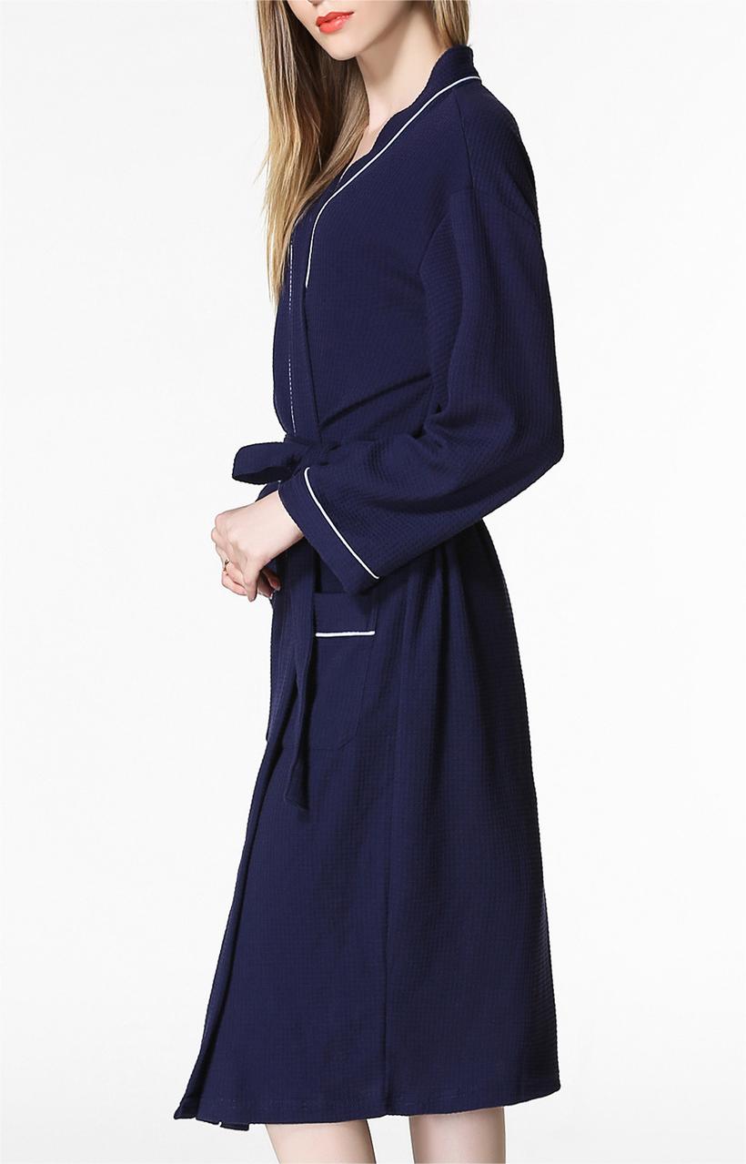 Piped Waffle Knit Wrap Robe - Navyblue - 1