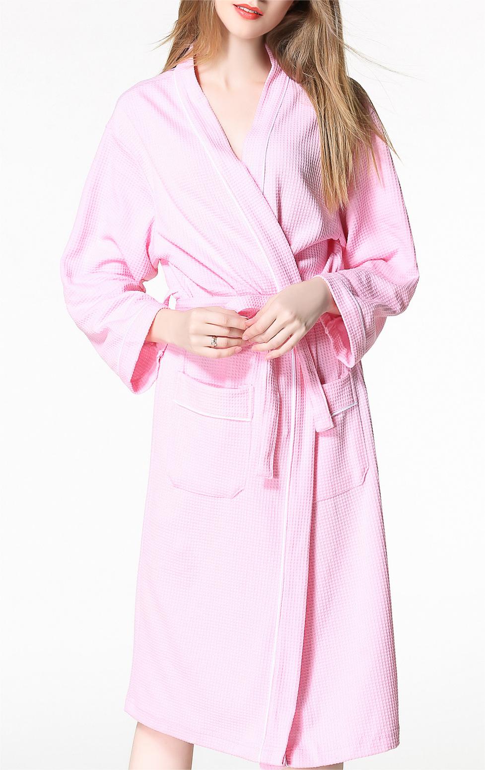 Piped Waffle Knit Wrap Robe - Pink - 5