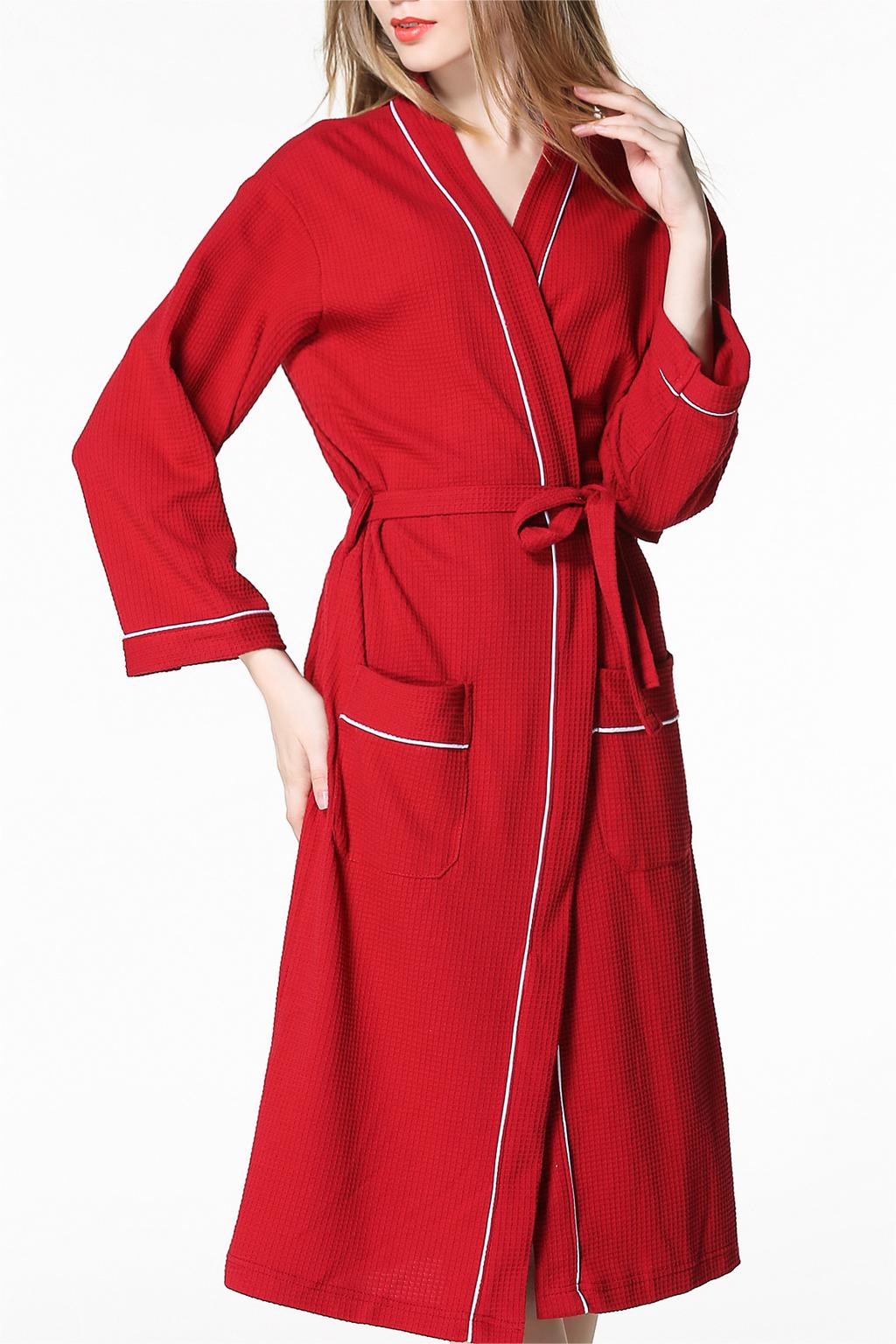 Piped Waffle Knit Wrap Robe - Red