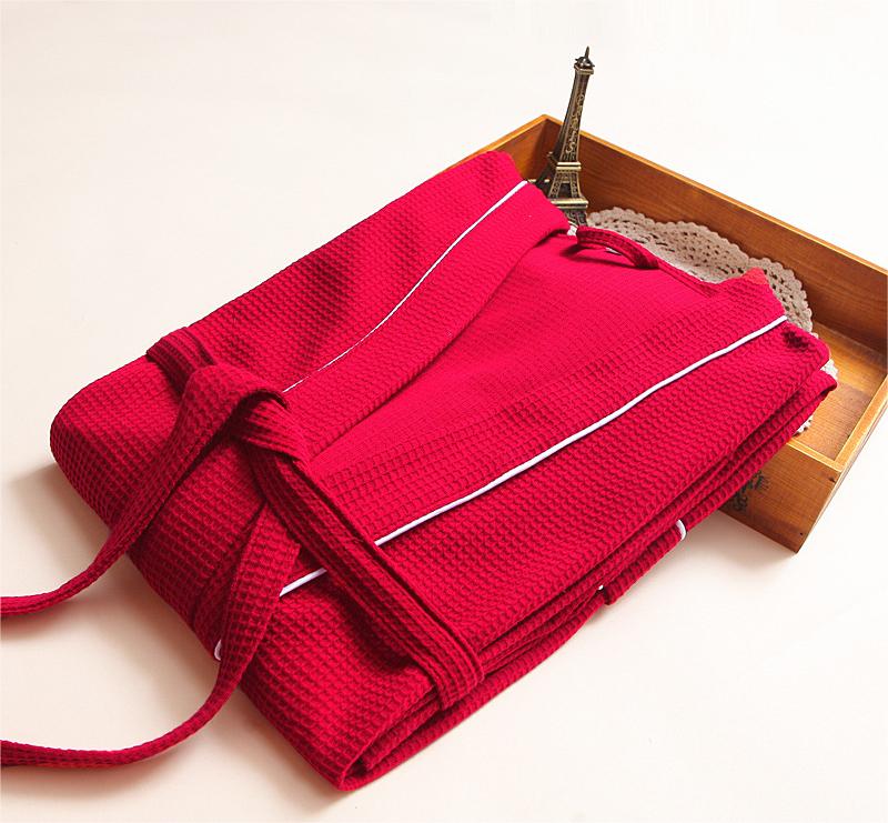 Piped Waffle Knit Wrap Robe - Red - 1