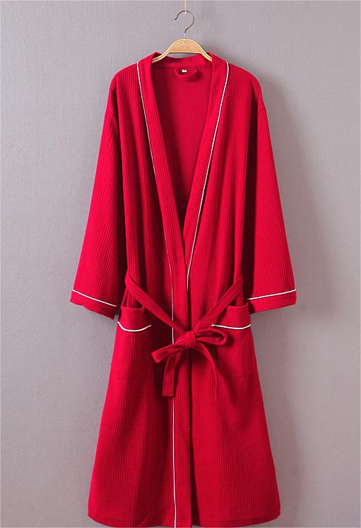 Piped Waffle Knit Wrap Robe - Red - 2