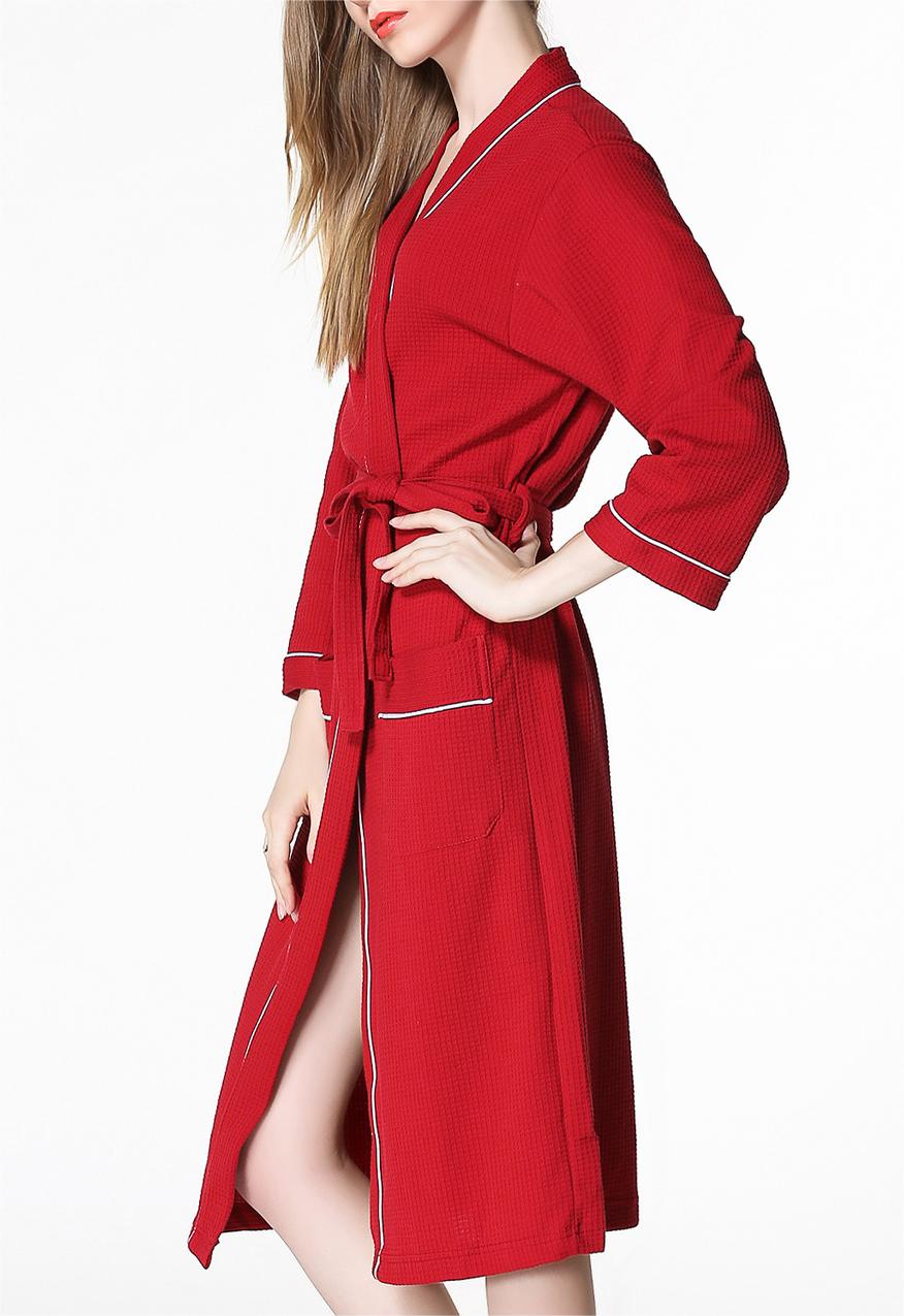 Piped Waffle Knit Wrap Robe - Red - 3