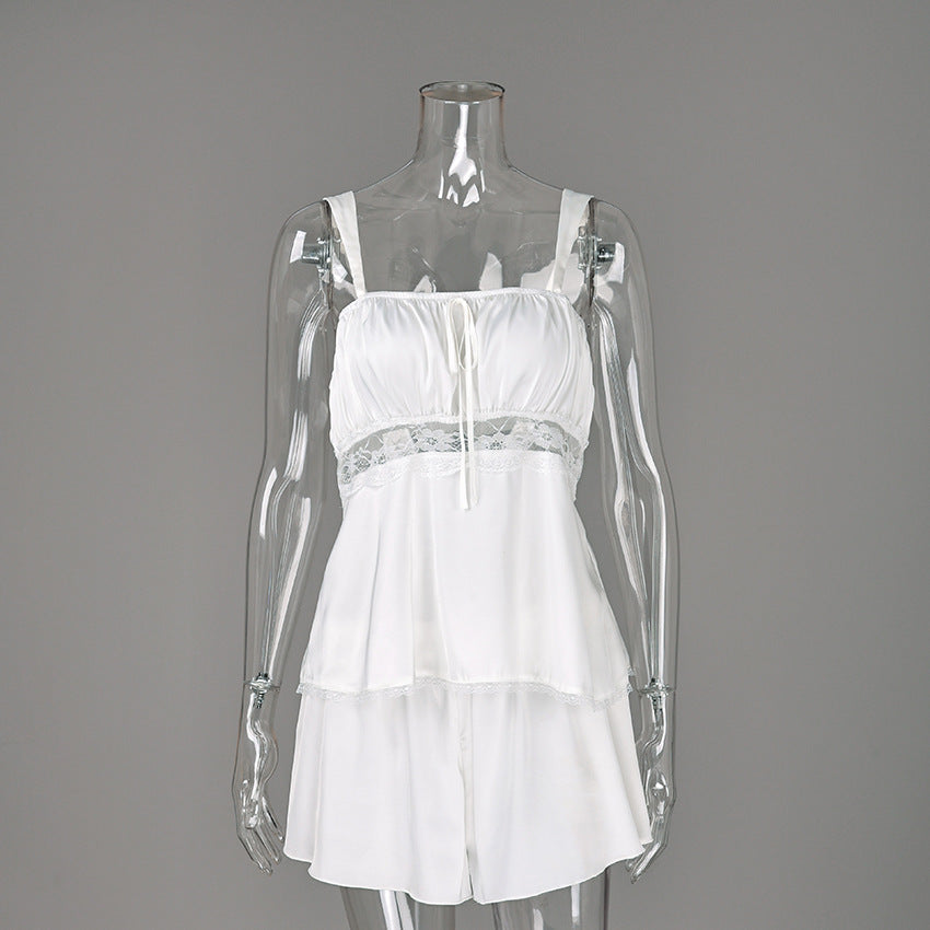 Bow-Detail Ruffle-Hem Lace Cami Sleep Set - White