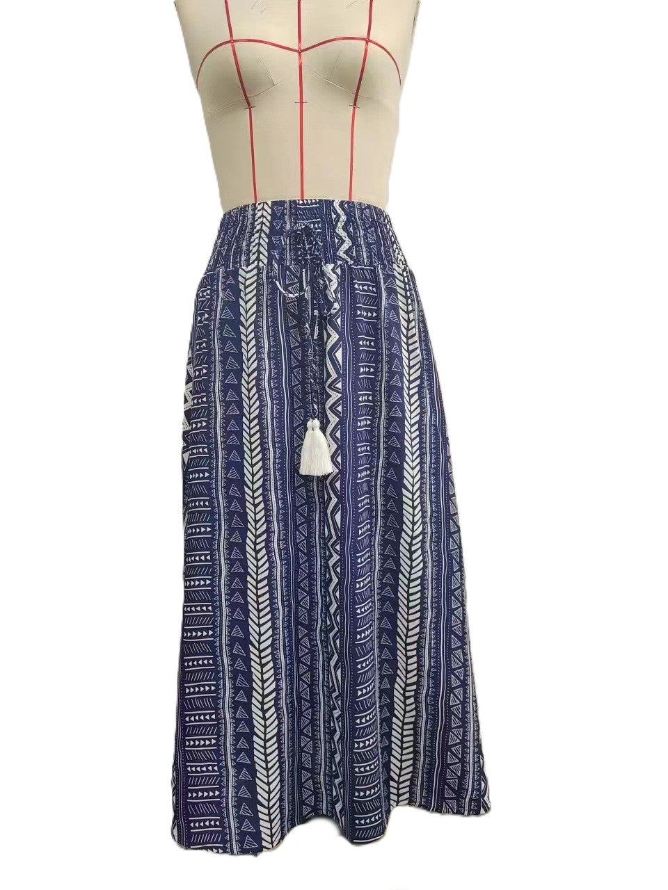 Geo Stripe Tassel Tie Maxi Skirt - Darkblue