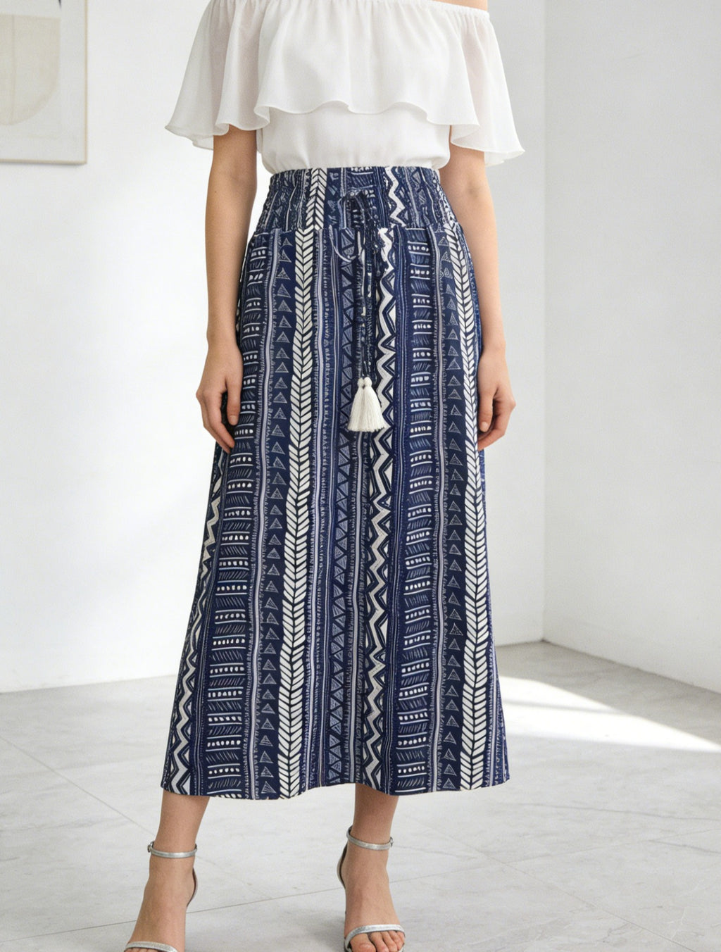 Geo Stripe Tassel Tie Maxi Skirt