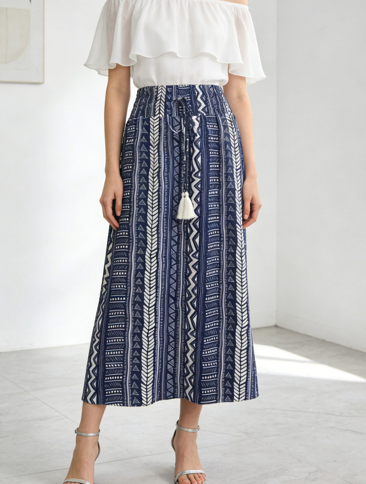 Geo Stripe Tassel Tie Maxi Skirt