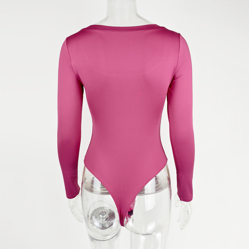 Scoop Neck Long Sleeve Bodysuit - Rosered - 1
