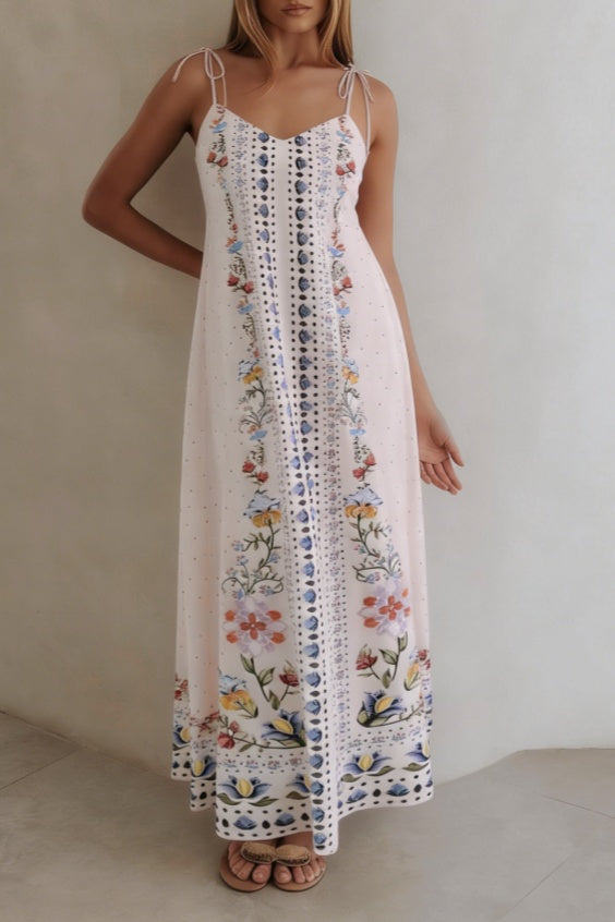 Floral Border Print Tie Strap Maxi Dress - offwhite