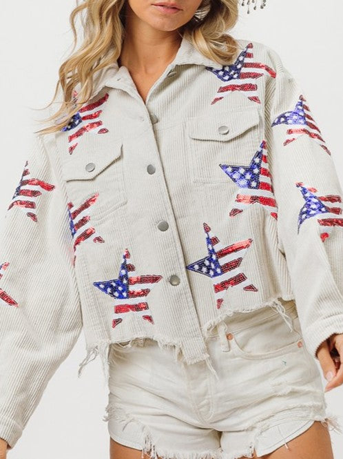 Star Patch Frayed Hem Denim Jacket - White - 2