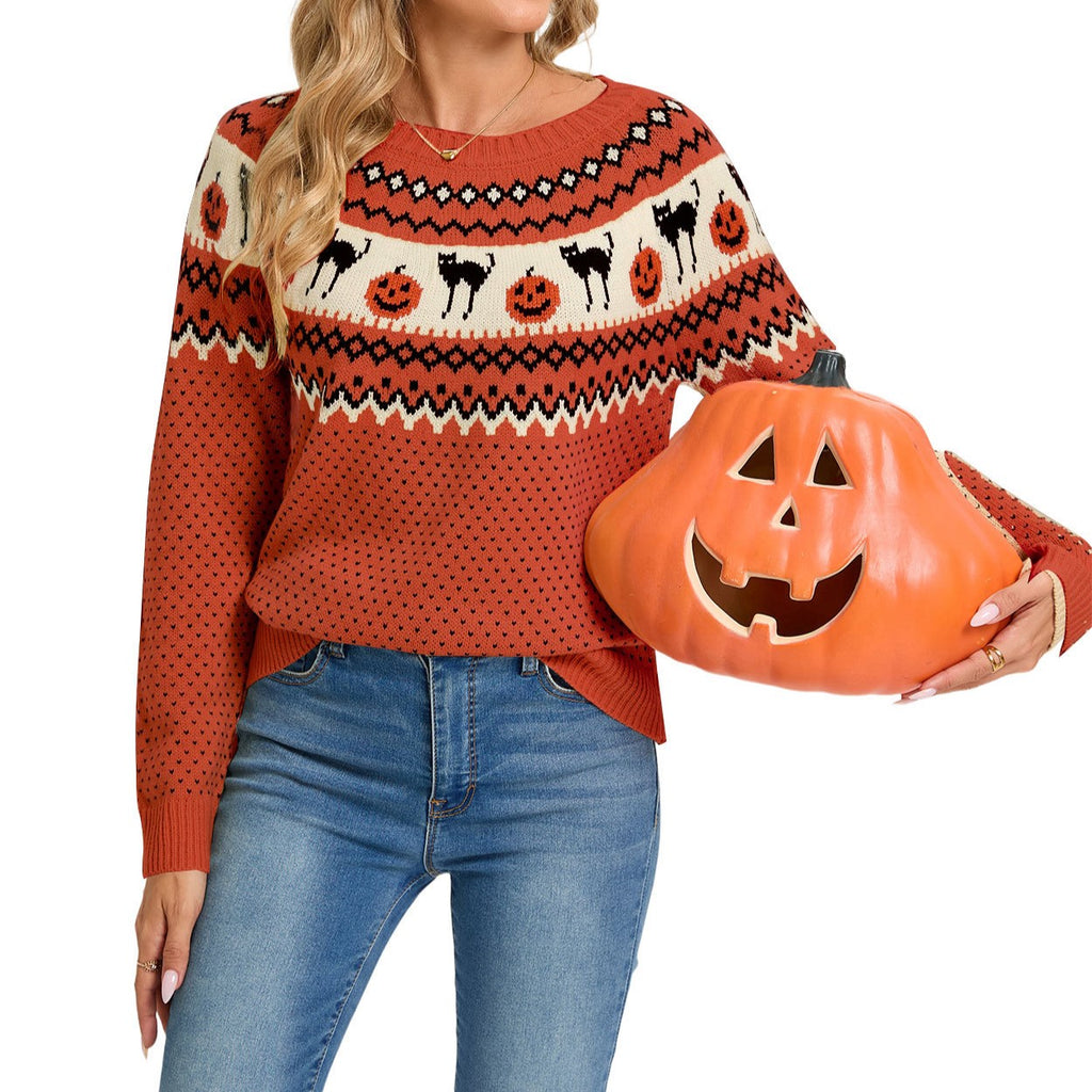 Pumpkin And Cat Fair Isle Knit Sweater - Orange - 1