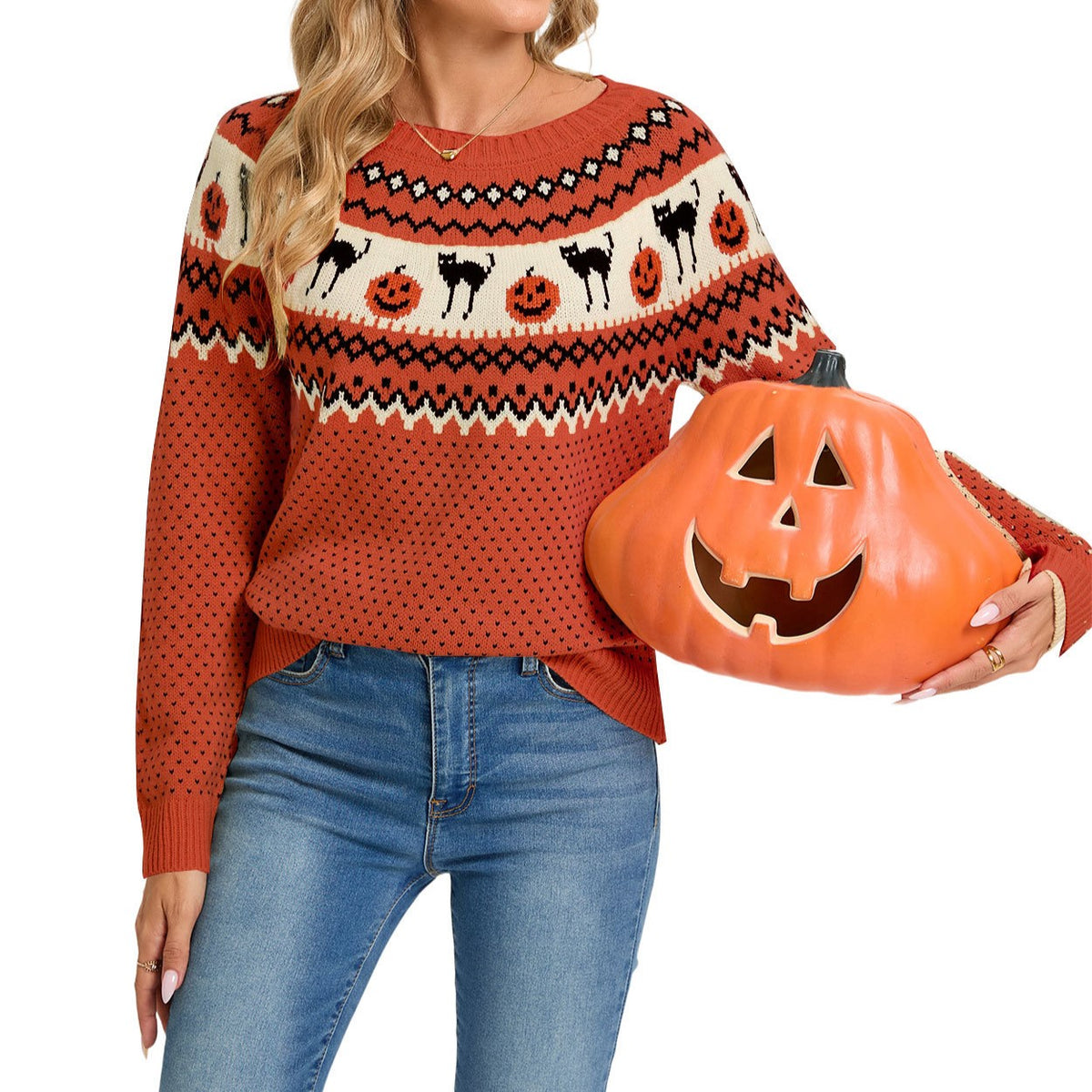 Pumpkin And Cat Fair Isle Knit Sweater - Orange - 1