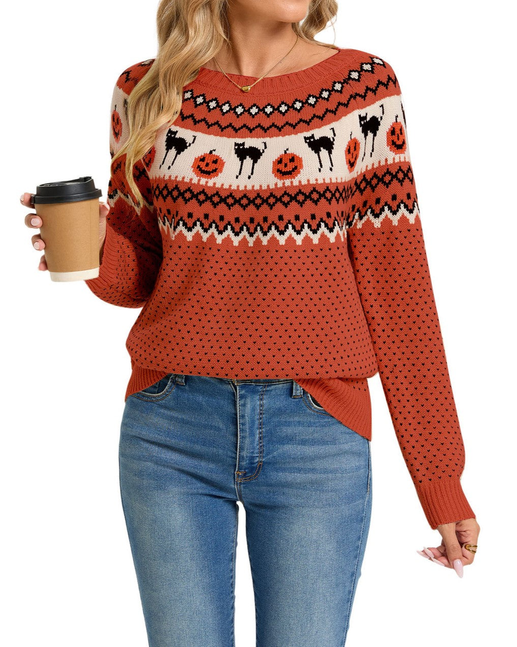 Pumpkin And Cat Fair Isle Knit Sweater - Orange - 2