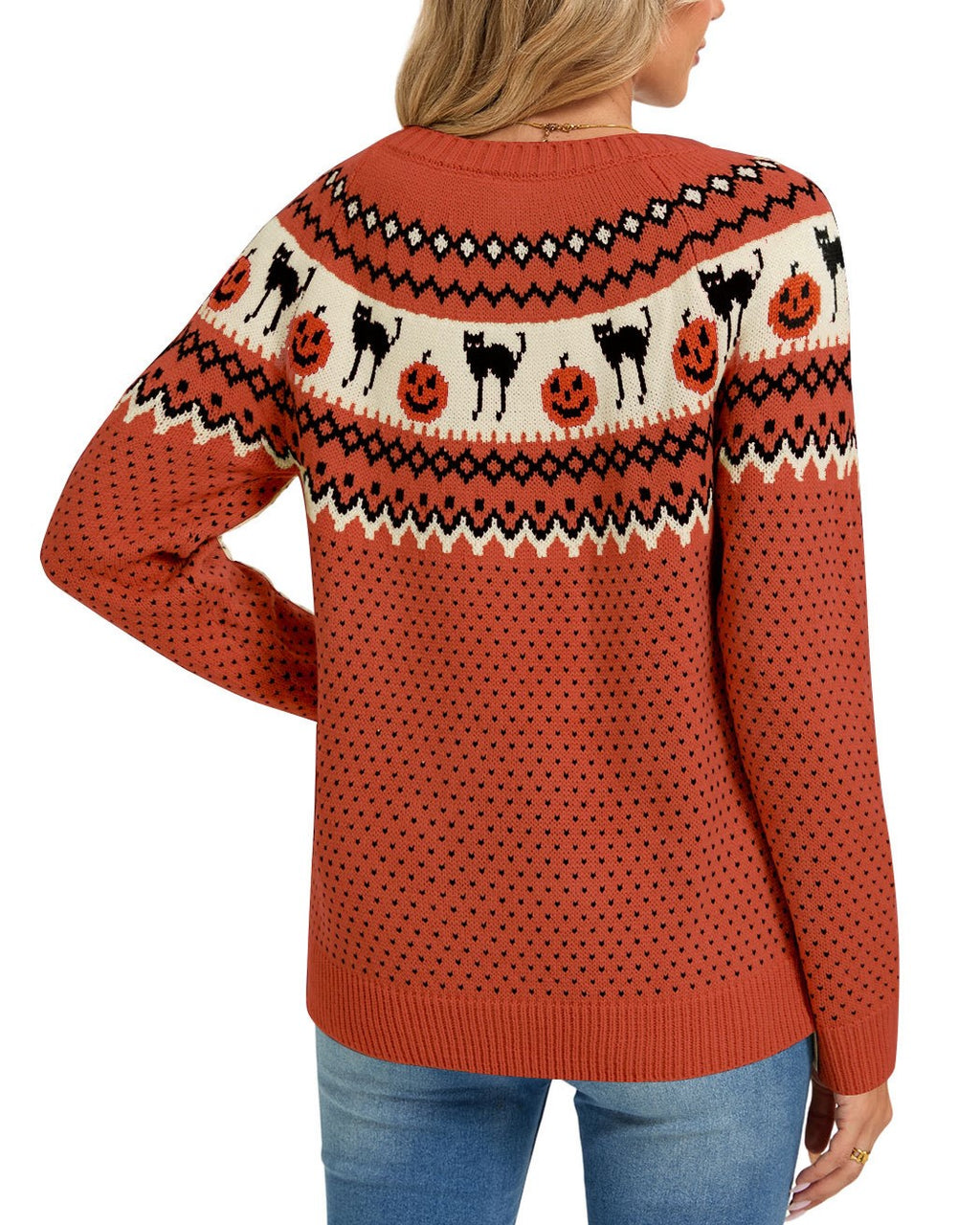 Pumpkin And Cat Fair Isle Knit Sweater - Orange - 3
