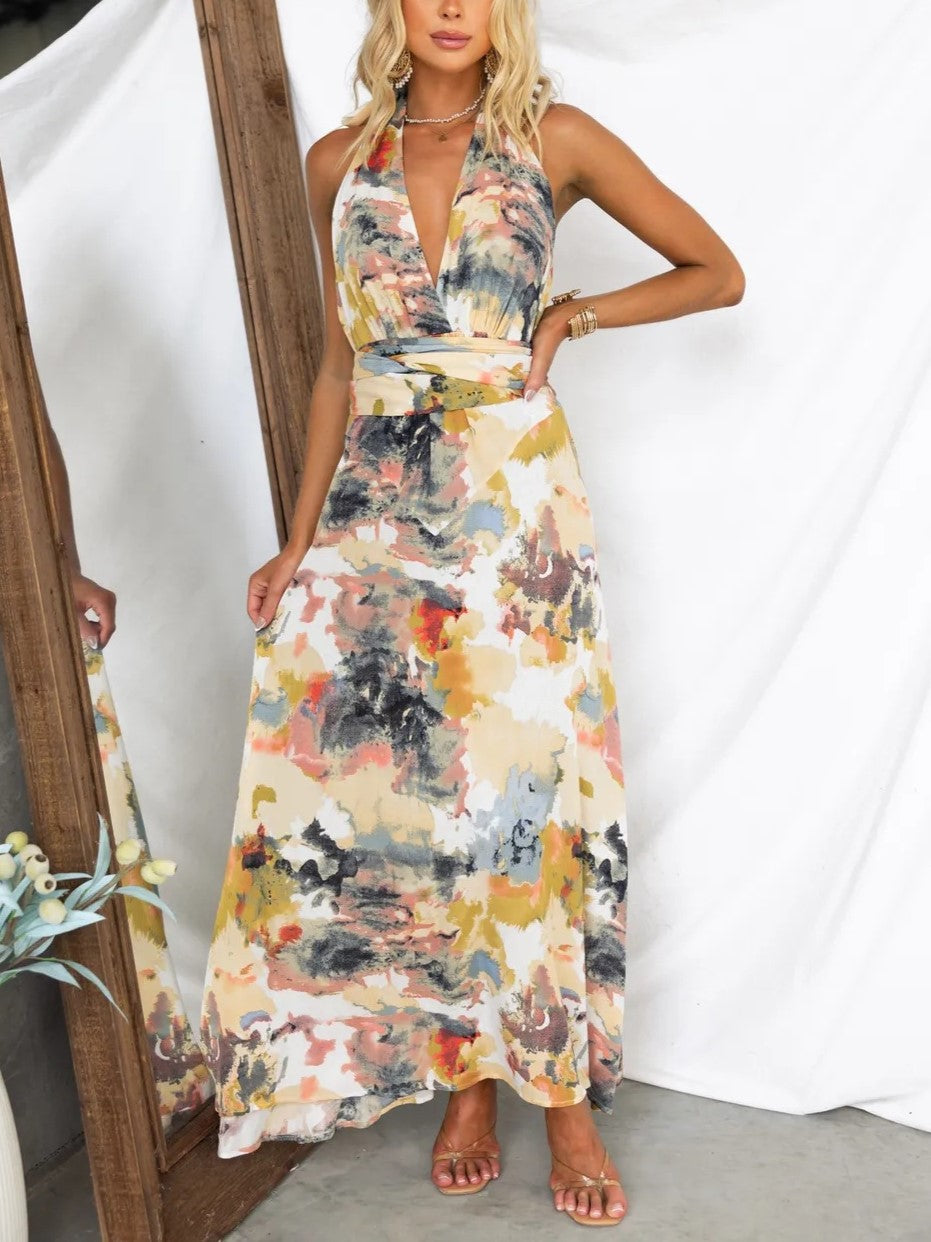 Watercolor Floral Halter Open Back Maxi Dress - Yellow