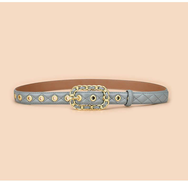 Studded Ring Buckle Quilted Skinny Belt - Blue