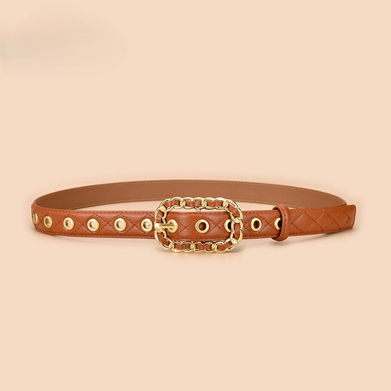 Studded Ring Buckle Quilted Skinny Belt - Camel