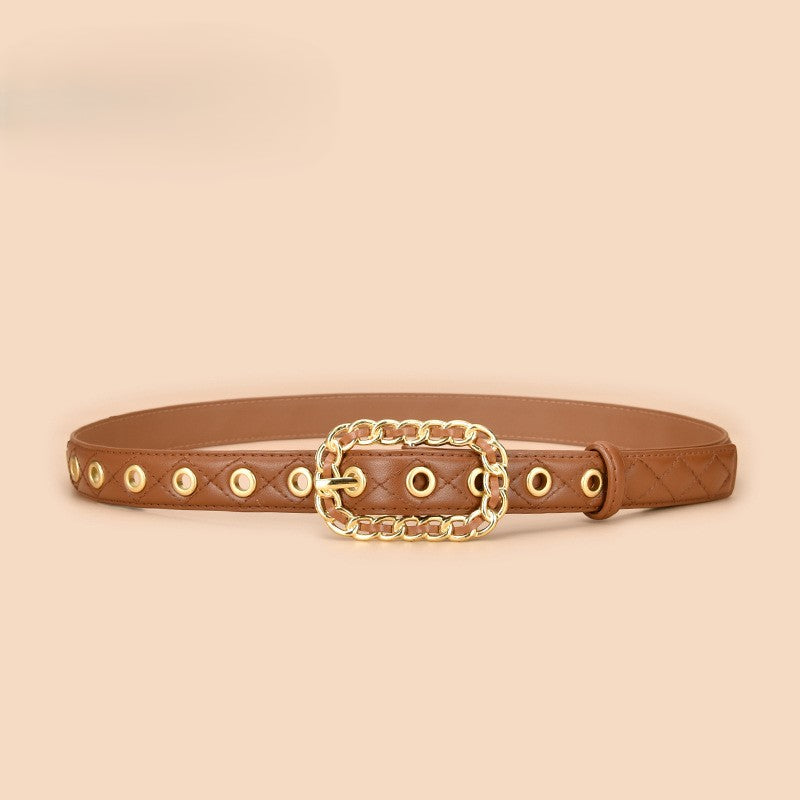 Studded Ring Buckle Quilted Skinny Belt - Caramel