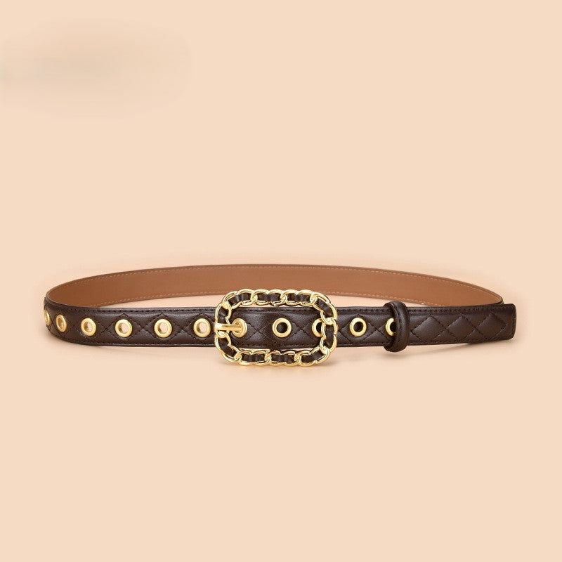 Studded Ring Buckle Quilted Skinny Belt - Coffee
