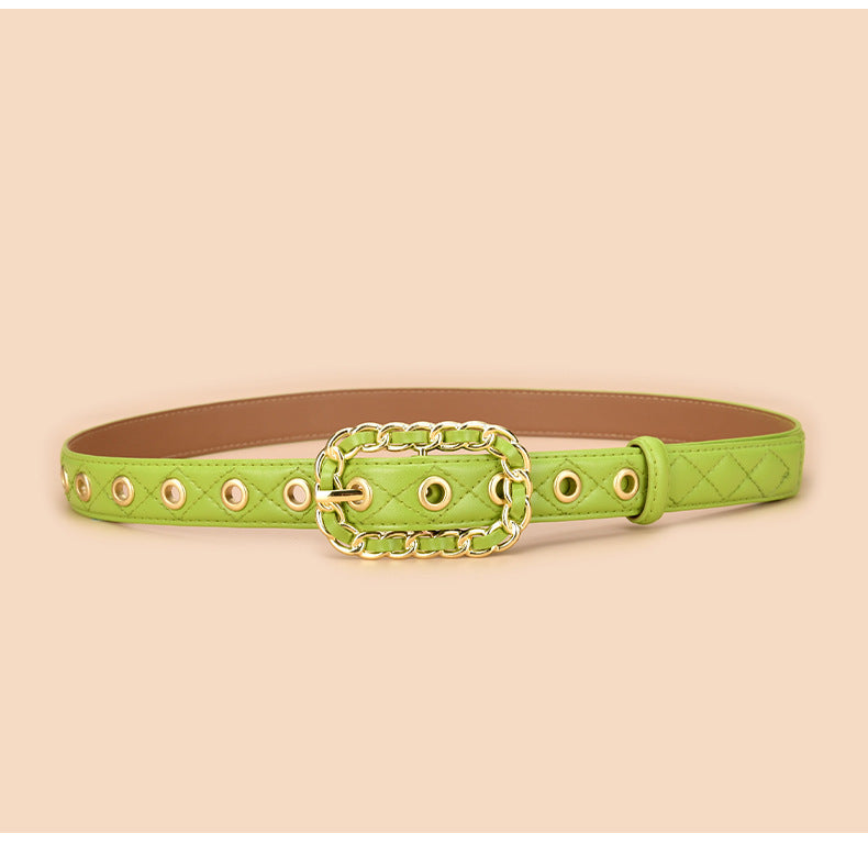 Studded Ring Buckle Quilted Skinny Belt - Green