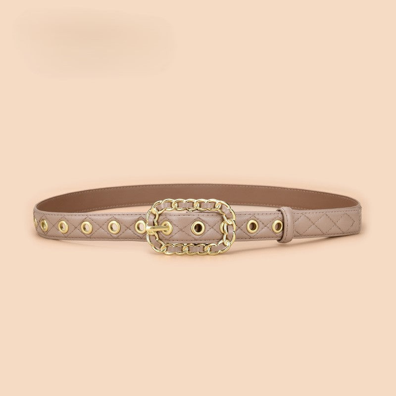 Studded Ring Buckle Quilted Skinny Belt - Khaki-2