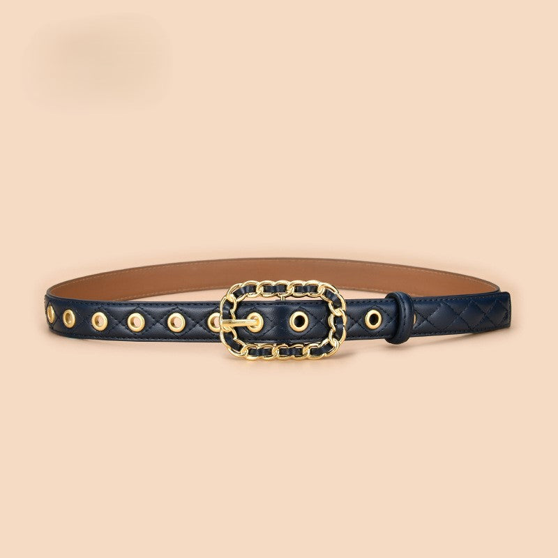 Studded Ring Buckle Quilted Skinny Belt - Navyblue
