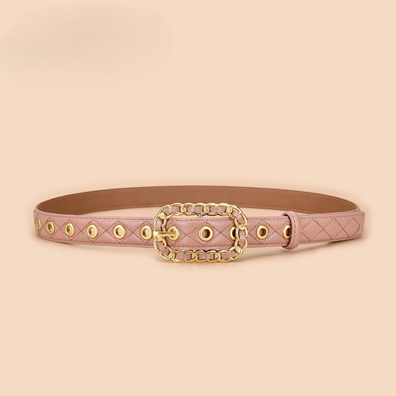 Studded Ring Buckle Quilted Skinny Belt - Pink