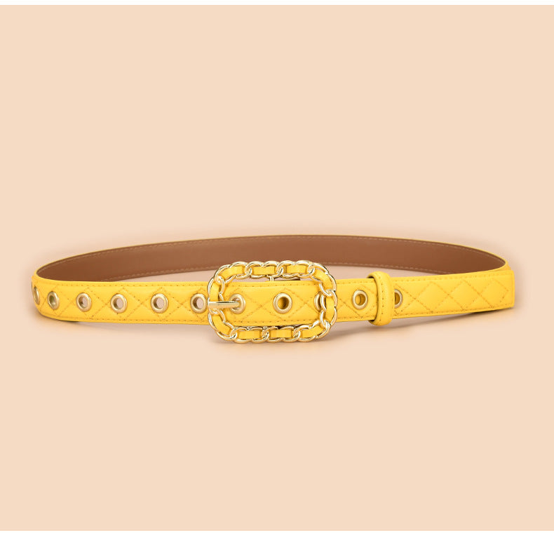 Studded Ring Buckle Quilted Skinny Belt - Yellow