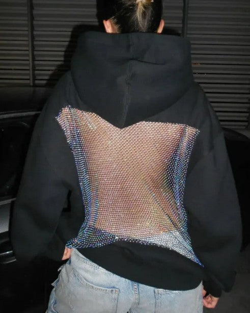 Rhinestone Mesh Open Back Hooded Sweatshirt - Black