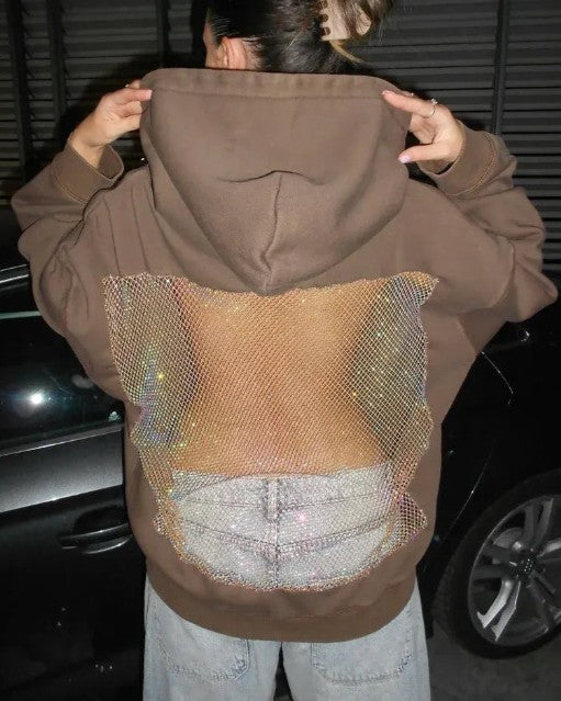 Rhinestone Mesh Open Back Hooded Sweatshirt - Brown