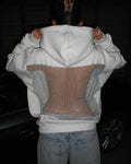 Rhinestone Mesh Open Back Hooded Sweatshirt - White