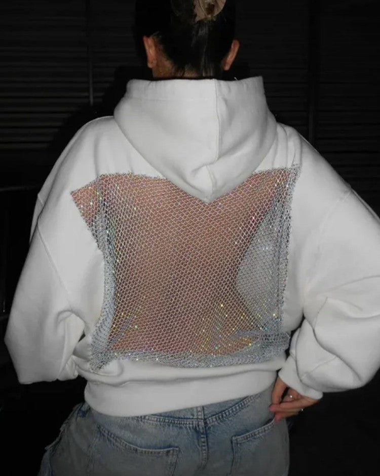 Rhinestone Mesh Open Back Hooded Sweatshirt - White - 1