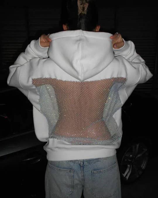 Rhinestone Mesh Open Back Hooded Sweatshirt