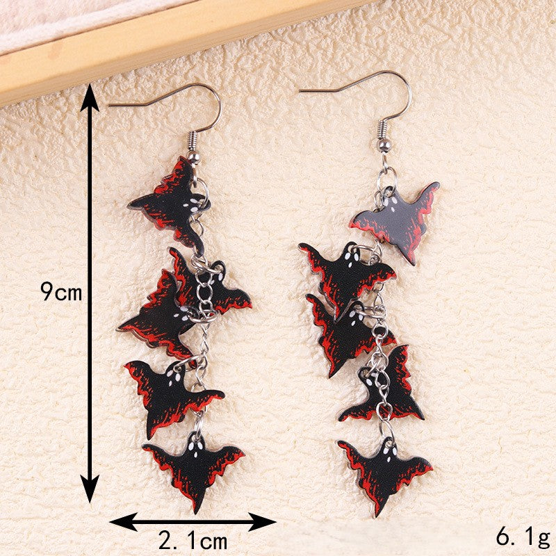 Halloween Charm Cluster Long Drop Earrings - Bat