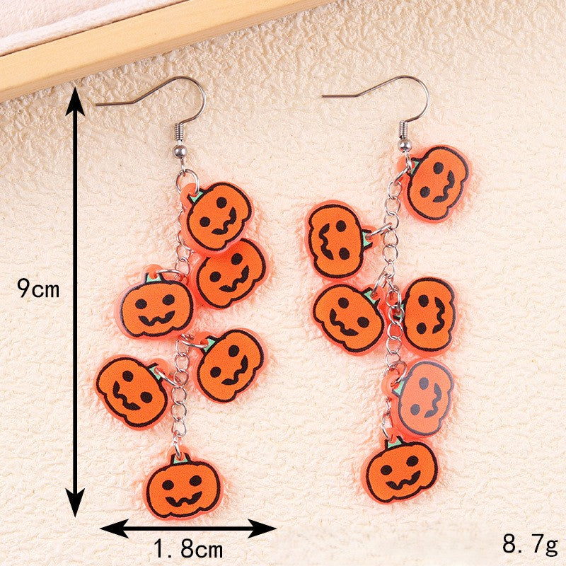 Halloween Charm Cluster Long Drop Earrings - Pumpkin
