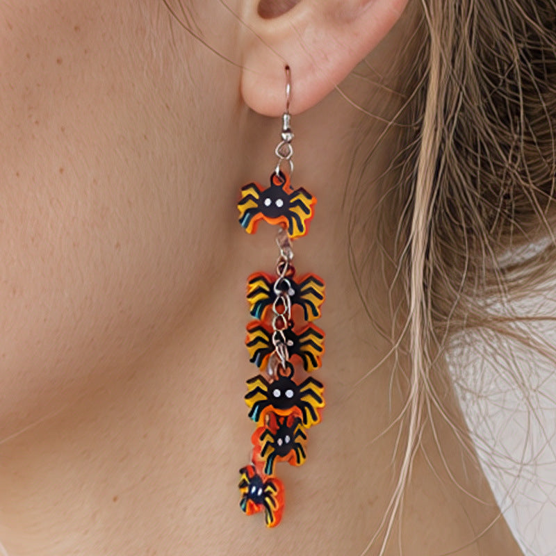 Halloween Charm Cluster Long Drop Earrings - Spider