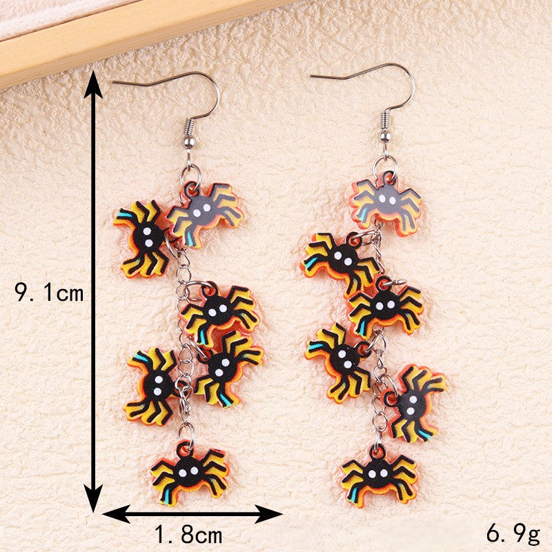 Halloween Charm Cluster Long Drop Earrings - Spider - 1