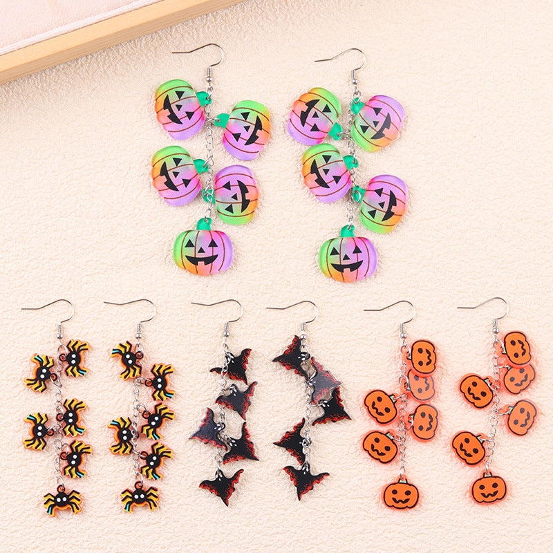 Halloween Charm Cluster Long Drop Earrings - Spider - 2