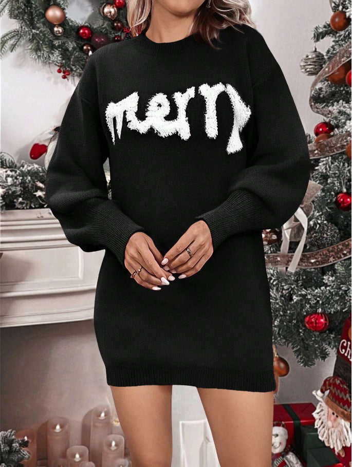 Balloon Sleeve Merry Knit Mini Dress - Black