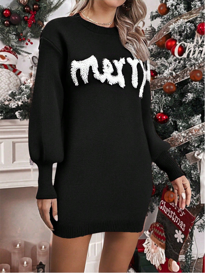 Balloon Sleeve Merry Knit Mini Dress - Black - 1