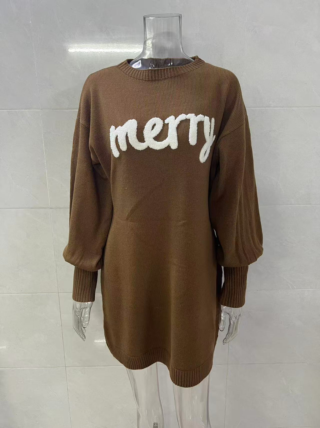 Balloon Sleeve Merry Knit Mini Dress - Coffee