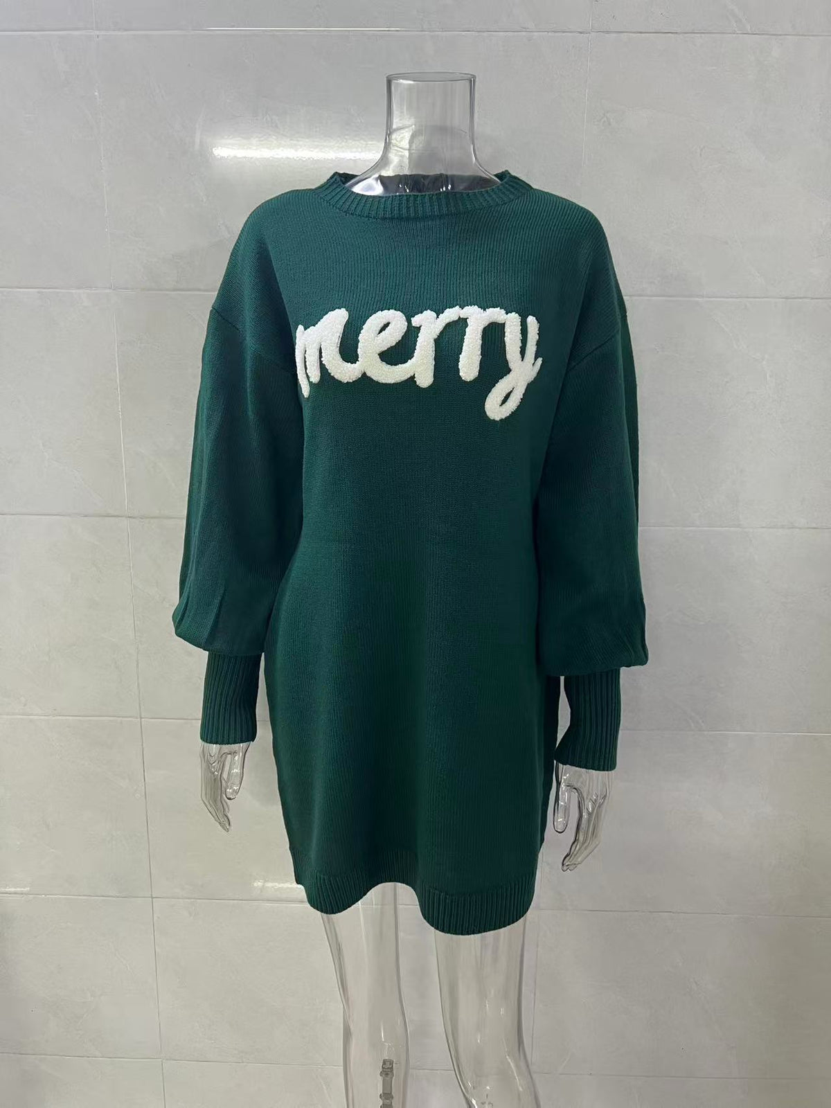Balloon Sleeve Merry Knit Mini Dress - Green