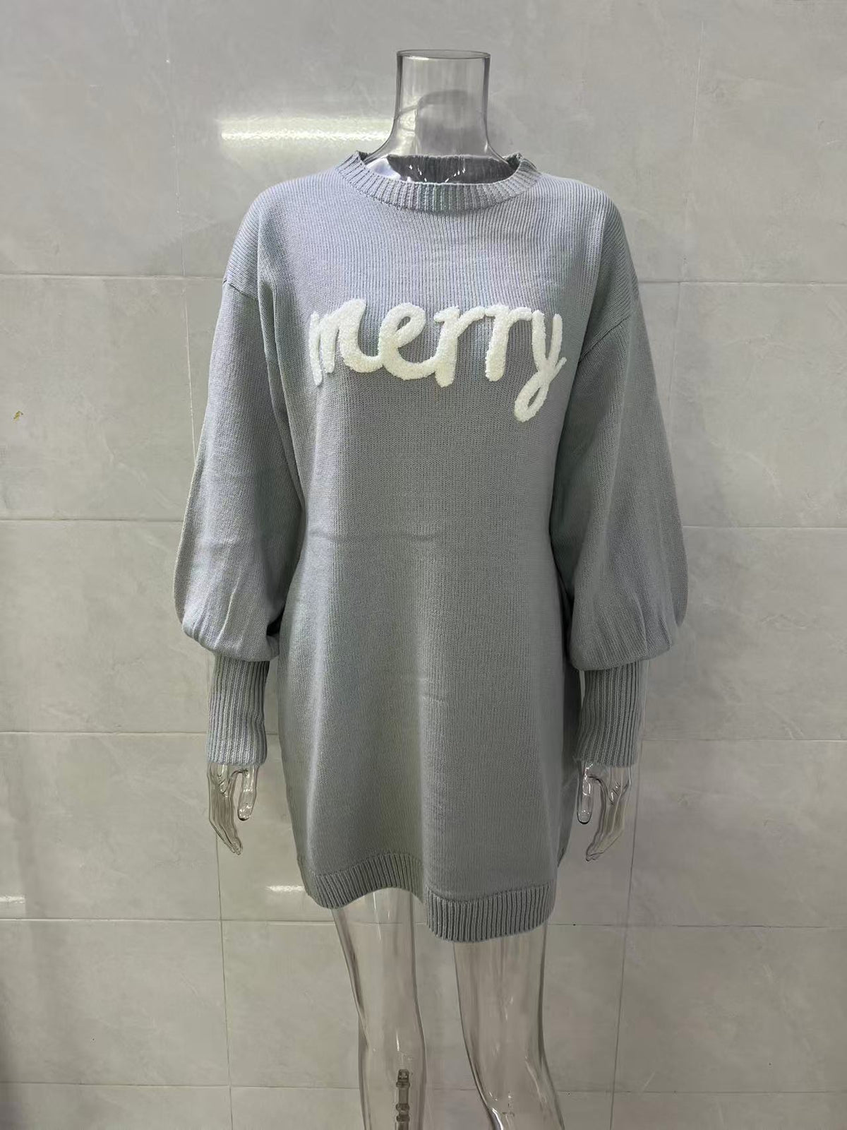 Balloon Sleeve Merry Knit Mini Dress - Grey