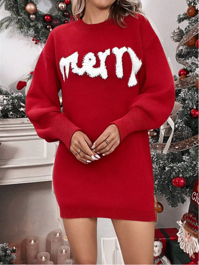 Balloon Sleeve Merry Knit Mini Dress - Red