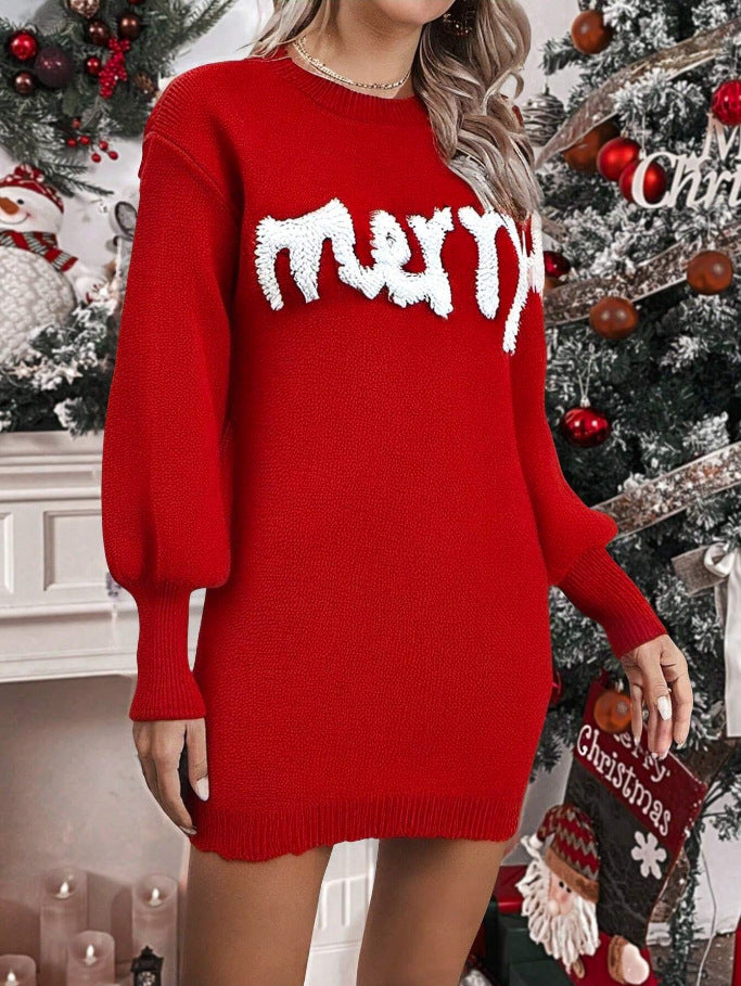 Balloon Sleeve Merry Knit Mini Dress - Red - 1
