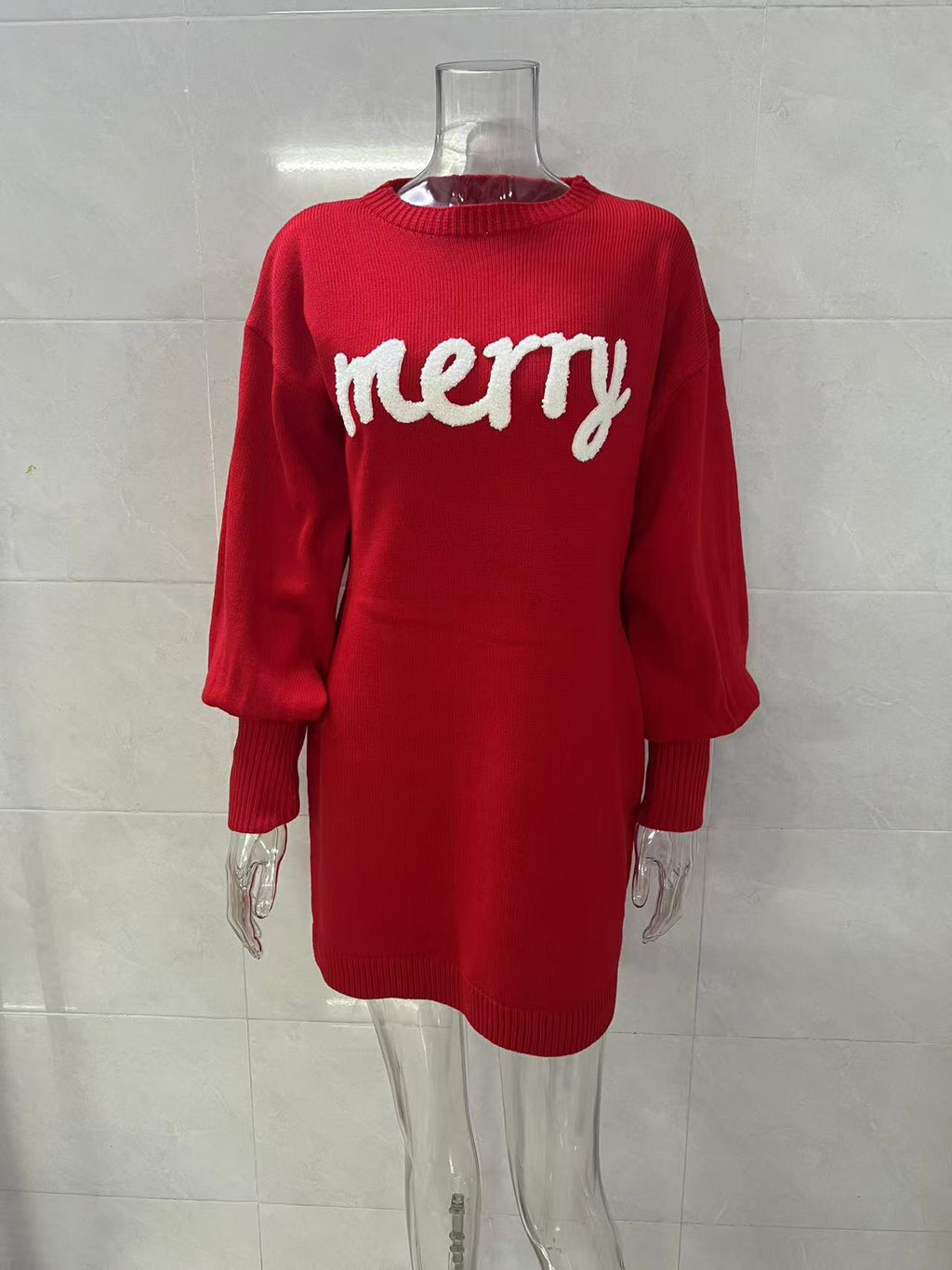 Balloon Sleeve Merry Knit Mini Dress - Red - 3