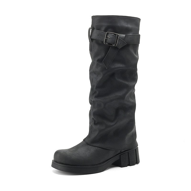 Distressed Slouchy Buckle Knee High Biker Boots - Black