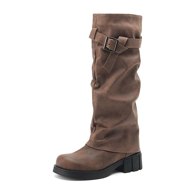 Distressed Slouchy Buckle Knee High Biker Boots - Brown